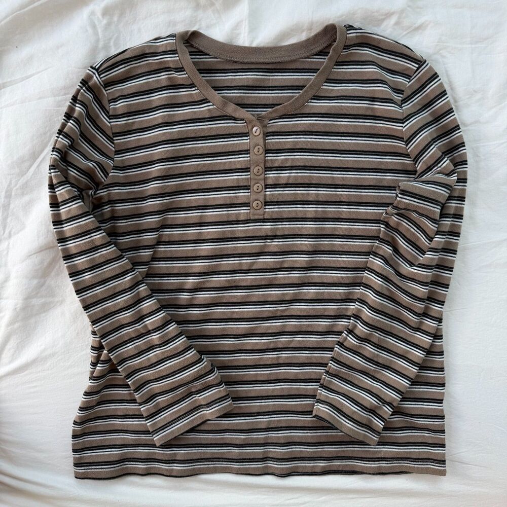 Vintage Y2K Grunge Striped Henley Top Black Brown Earthtone - L